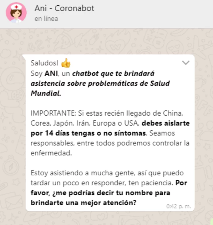 Ani en Whatsapp responde tus preguntas sobre coronavirus