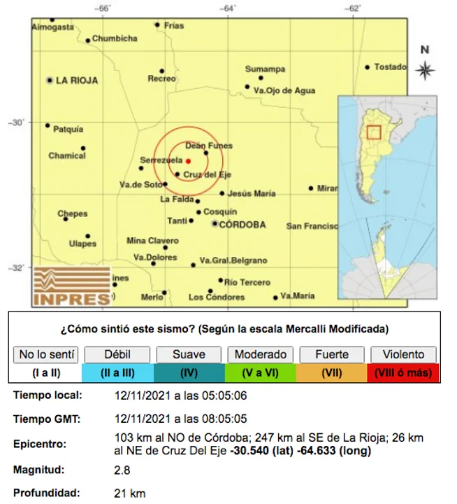 Detalle del sismo en Córdoba. Foto: captura de pantalla INPRES