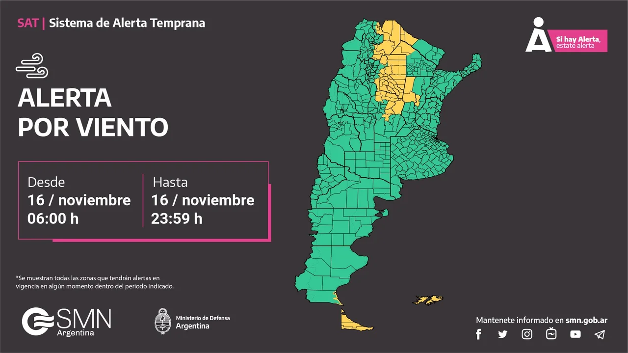 Alerta Nivel Amarillo por fuertes vientos / Imagen: Servicio Meteorológico Nacional