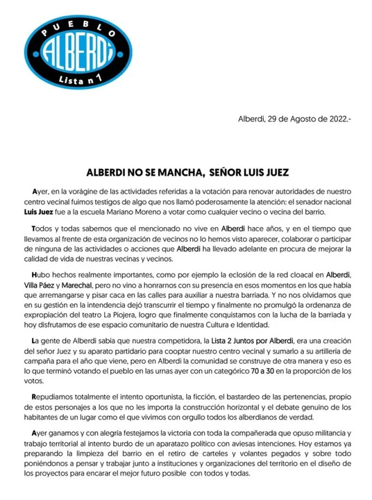 Elecciones vecinales en Alberdi: sorpresa y cuestionamientos al senador Luis Juez