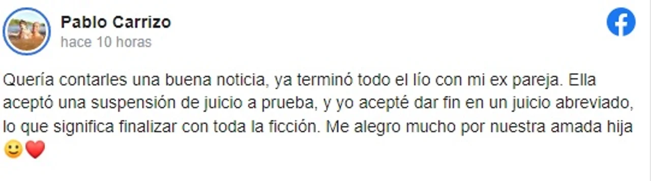 Captura del mensaje escrito por Pablo Carrizo en una red social.