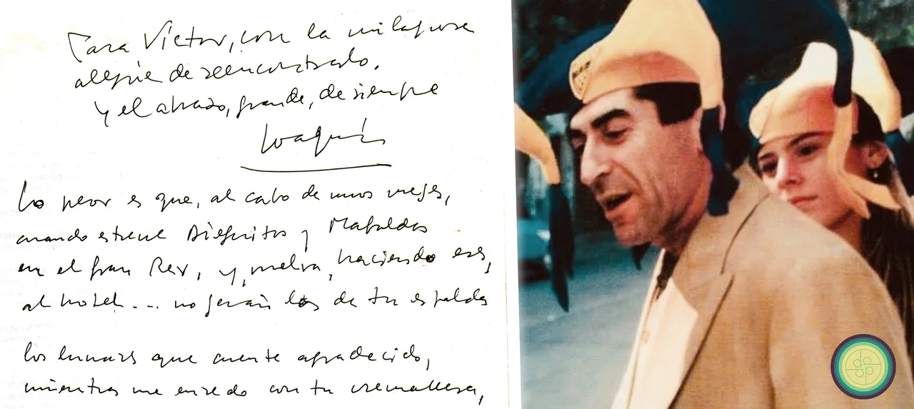 Joaquín Sabina y su novia Paula, con gorros de Boca. Foto: redes. Manuscrito: Archivo Víctor Pintos