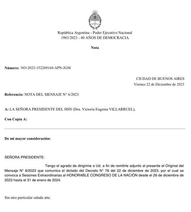 Las sesiones extraordinarias serán desde el 26 de diciembre al 31 de enero.