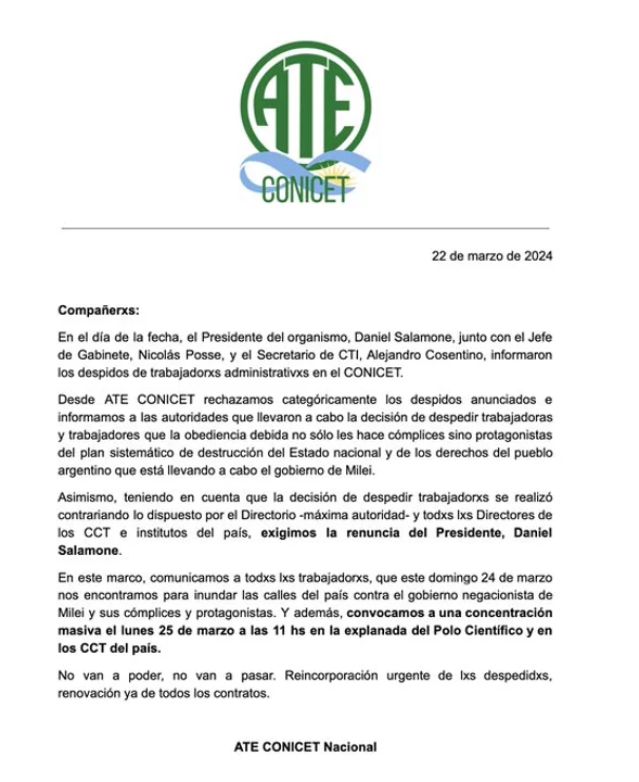 ATE denuncia despidos masivos en CONICET