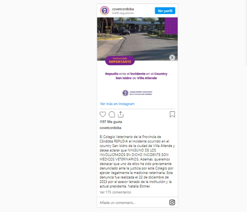 El posteo del Colegio de Veterinarios de Córdoba en Instagram.