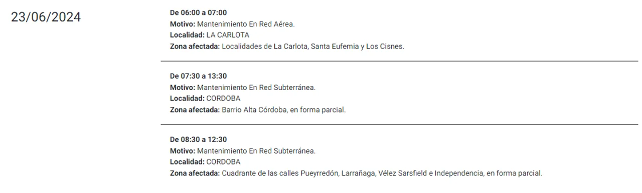 EPEC realiza cortes de luz programados este domingo en Córdoba