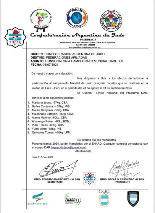 Cordobeses convocados al Mundial de Cadetes de Lima Perú