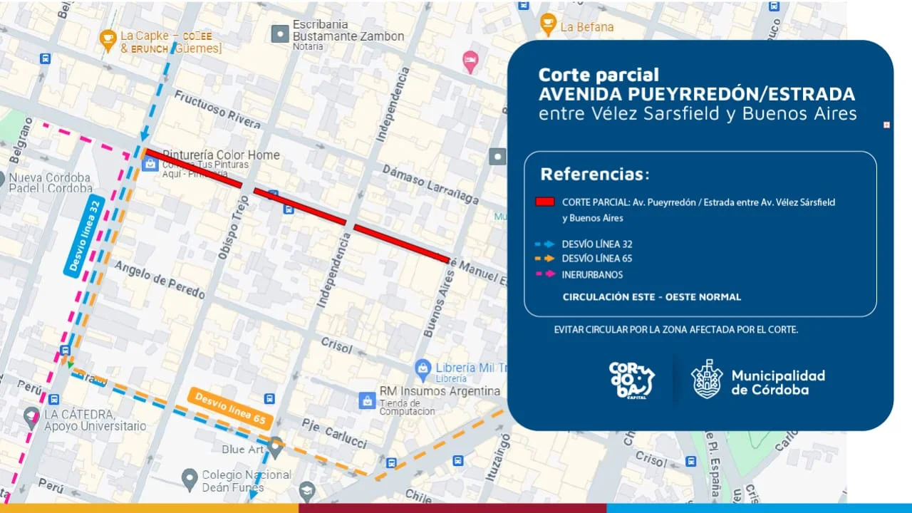 Corte de tránsito en Avenida Pueyrredón por obras de EPEC
