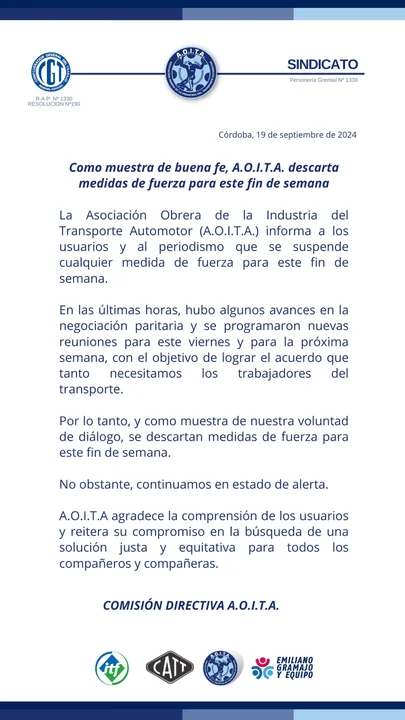 Aoita descartó un paro de interurbanos para el Día del Estudiante en Córdoba