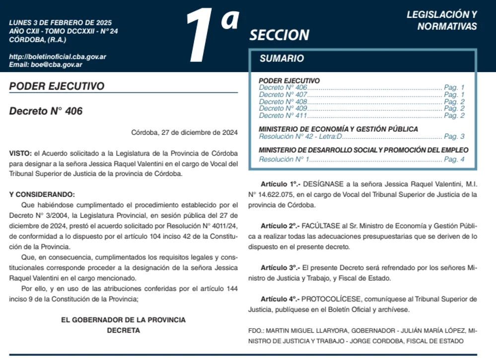 Oficializan este lunes designaciones varias en la Justicia de Córdoba